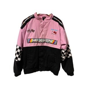Hello Kitty Sanrio Racing Bomber Jacket Pink Black Checkered Embroidered MD